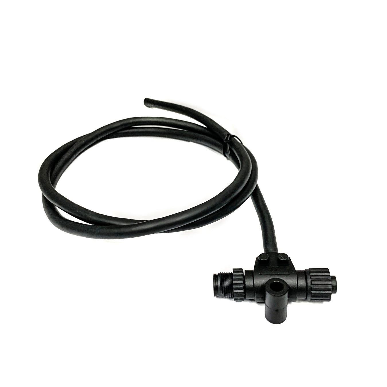 Black irrigation drip tubing with an inline adjustable flow valve, coiled on a white background.