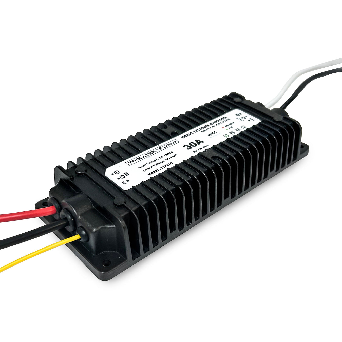 A black rectangular battery charger with cooling fins, labeled “PROLITE Battery Charger 30A”. Red, black, white, and yellow wires extend from each end.