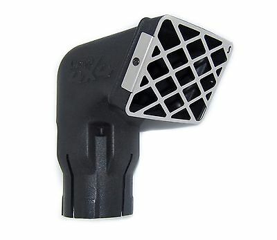A black plastic automotive snorkel head with a grid-patterned silver intake cover, designed for off-road vehicles to prevent debris from entering the engine air intake.
