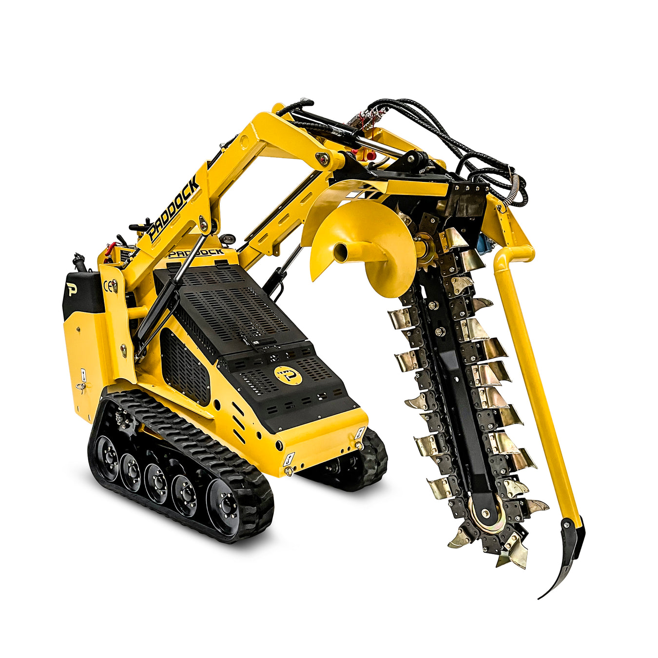A yellow tracked mini trencher machine with a large rotating trenching blade and auger attachment, labeled Paddock, designed for digging narrow, deep trenches in the ground.