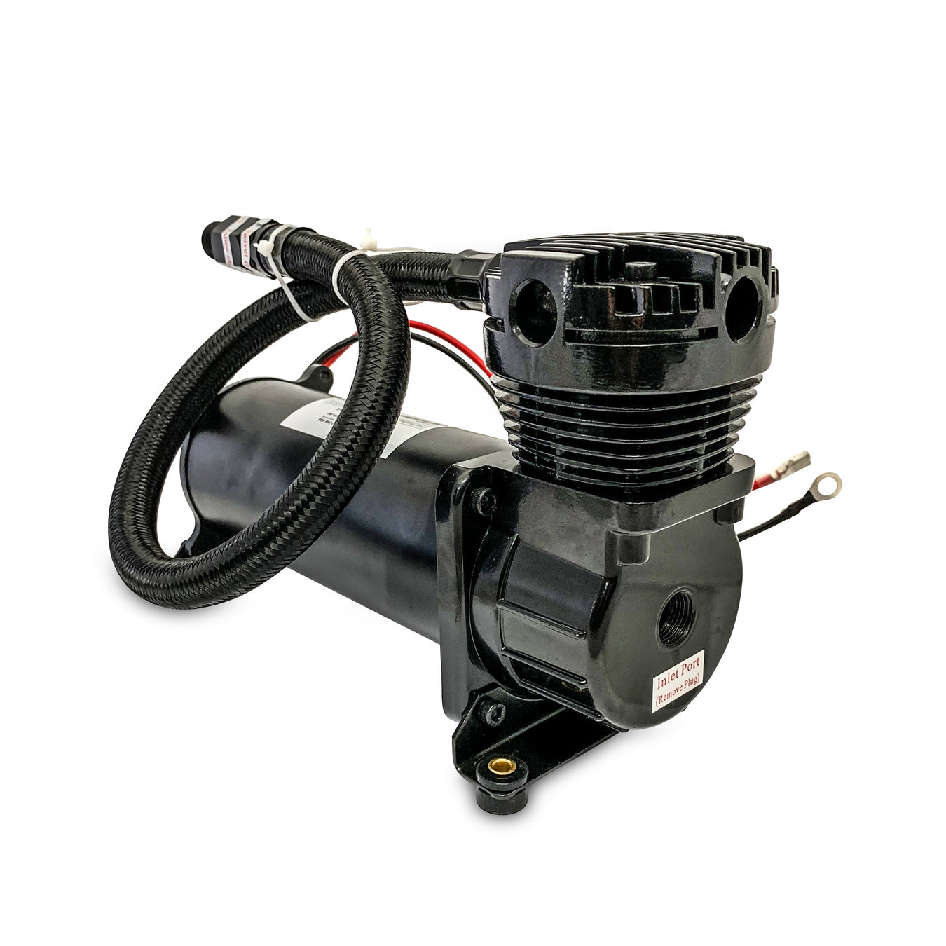 Black air compressor with cylindrical motor, coiled wiring, and mounting bracket, photographed against a white background. The unit has visible connectors and a vented top section.