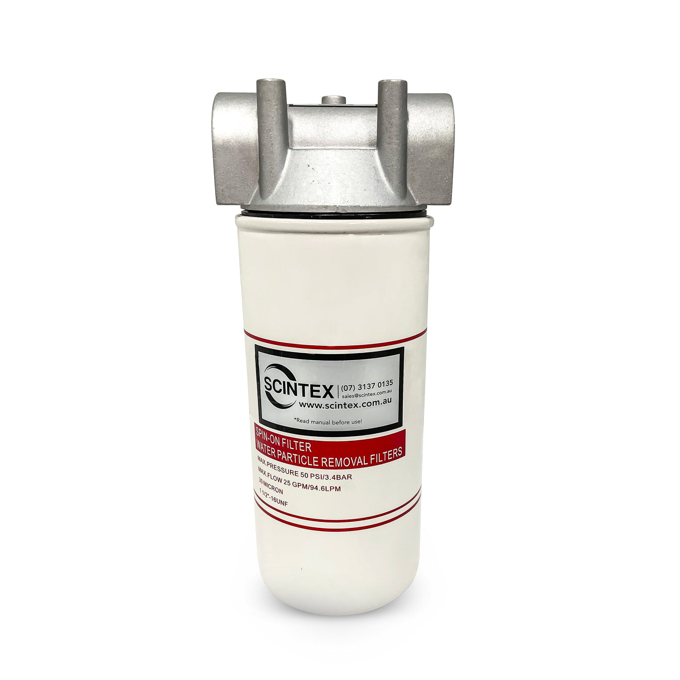 A white cylindrical fuel filter with a metal top and a label reading Scintex, featuring contact details and filter specifications, isolated on a white background.