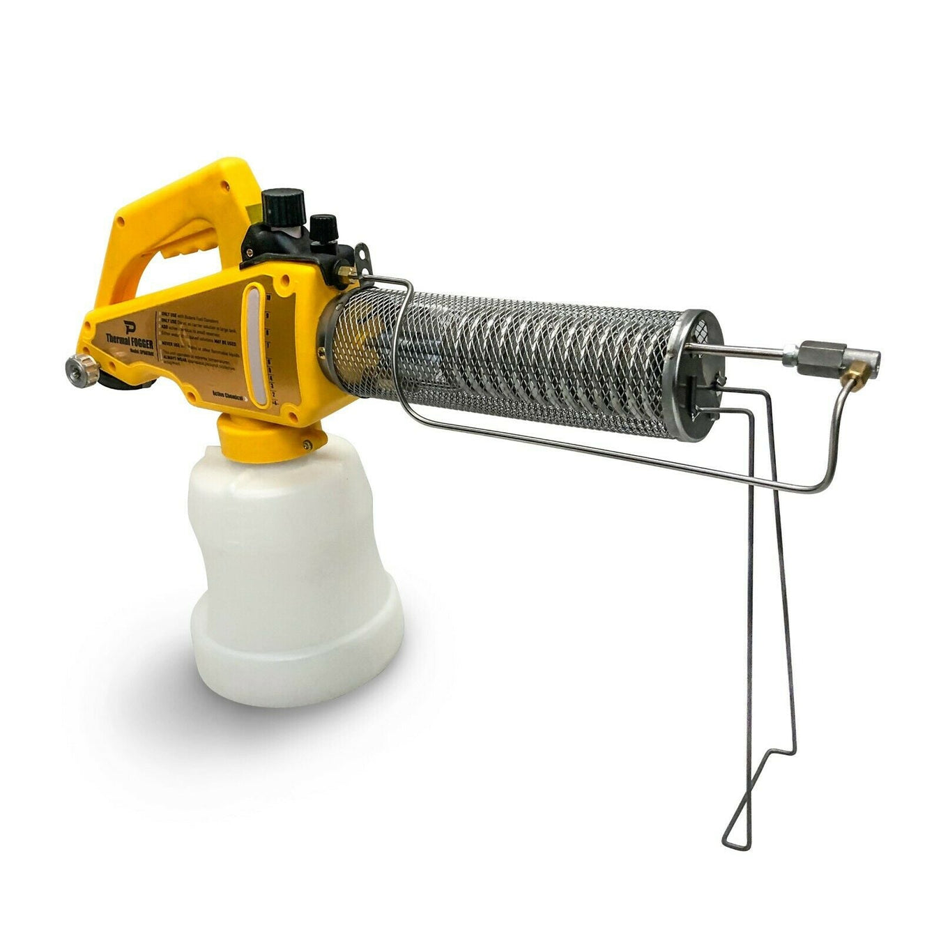 A yellow and silver thermal fogger machine with a white plastic container attached underneath, used for pest control or disinfecting.