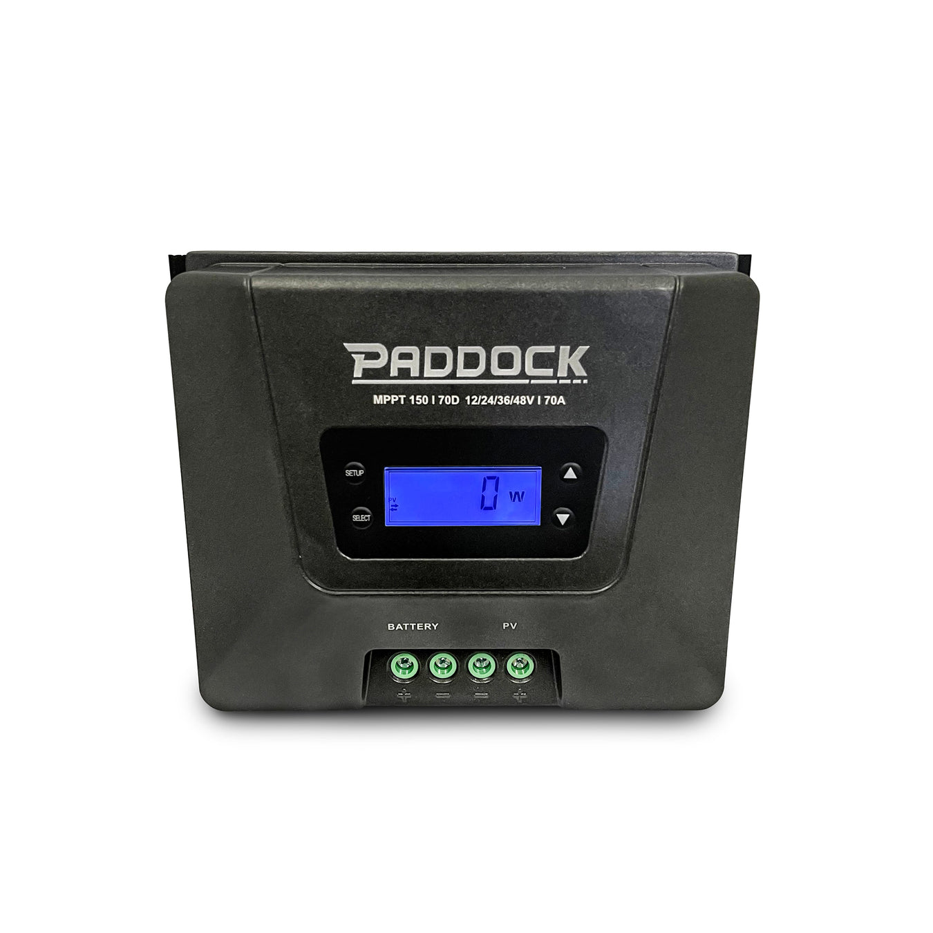 A black Paddock MPPT solar charge controller with a blue digital display showing 0W, and labeled battery and PV input terminals visible at the bottom.