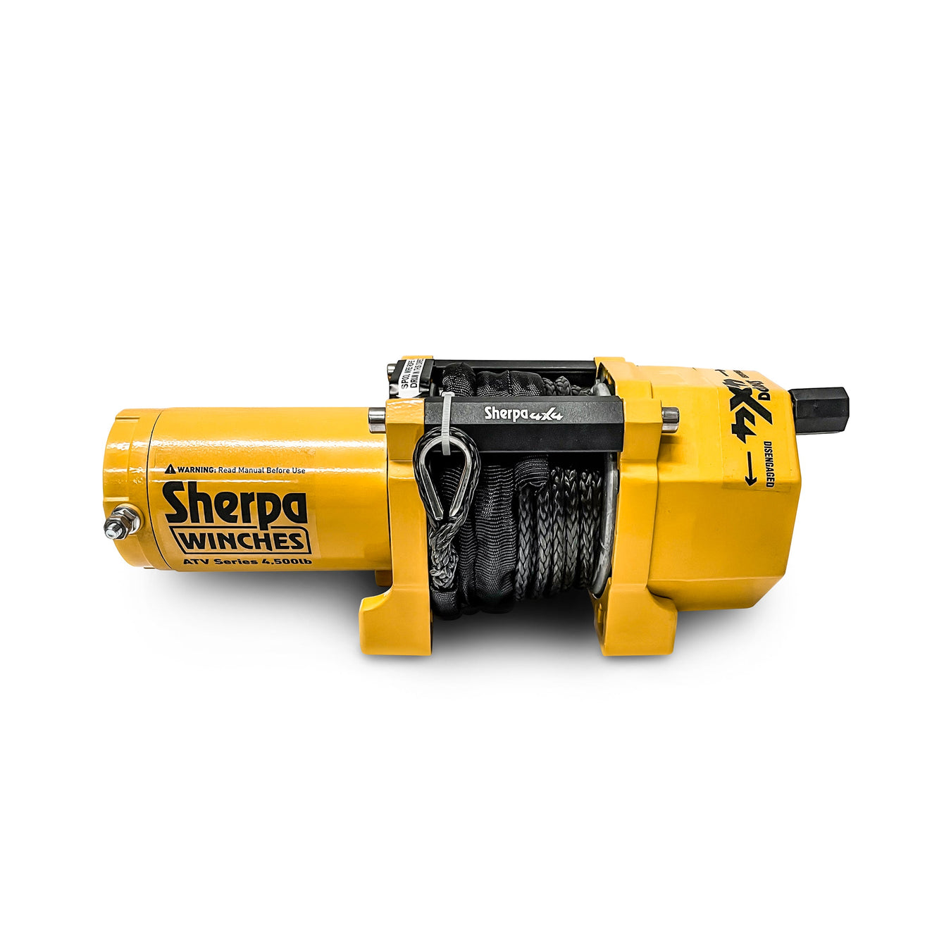 A yellow Sherpa winch with a wound steel cable and hook, designed for vehicles, displayed on a white background.