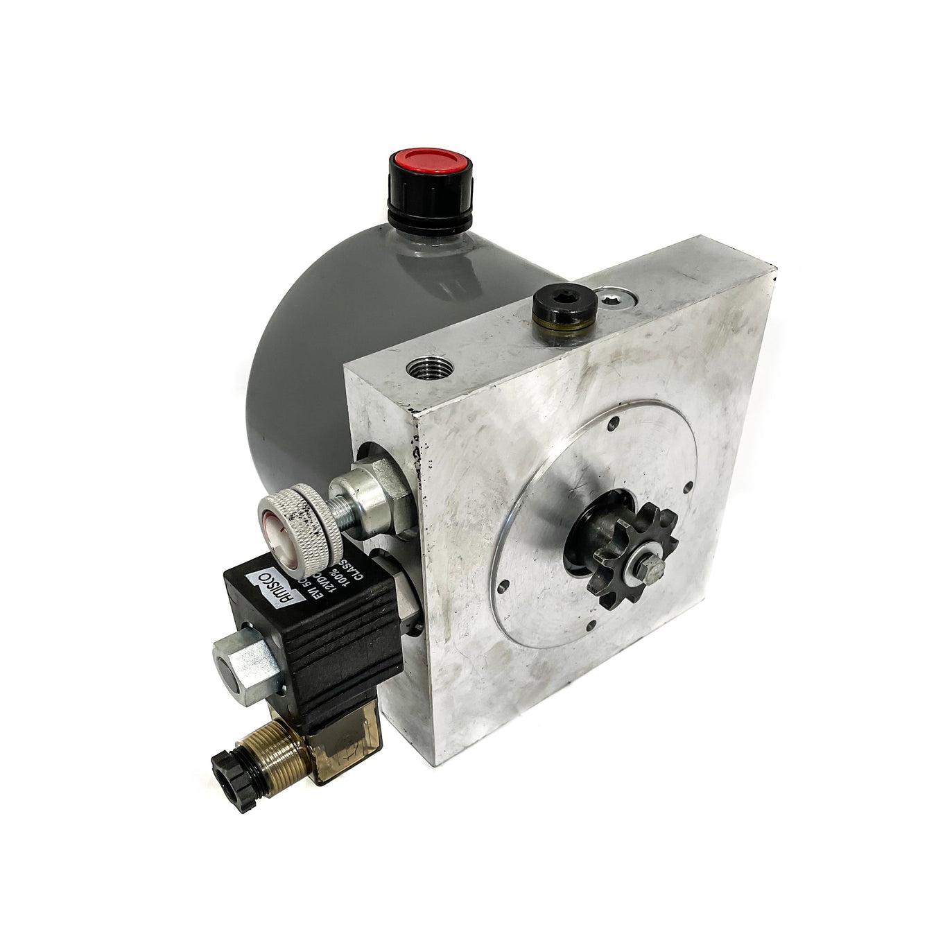 A hydraulic pump assembly with a gray cylindrical reservoir, metal mounting plate, black gear, solenoid valve, and red cap on top, isolated on a white background.