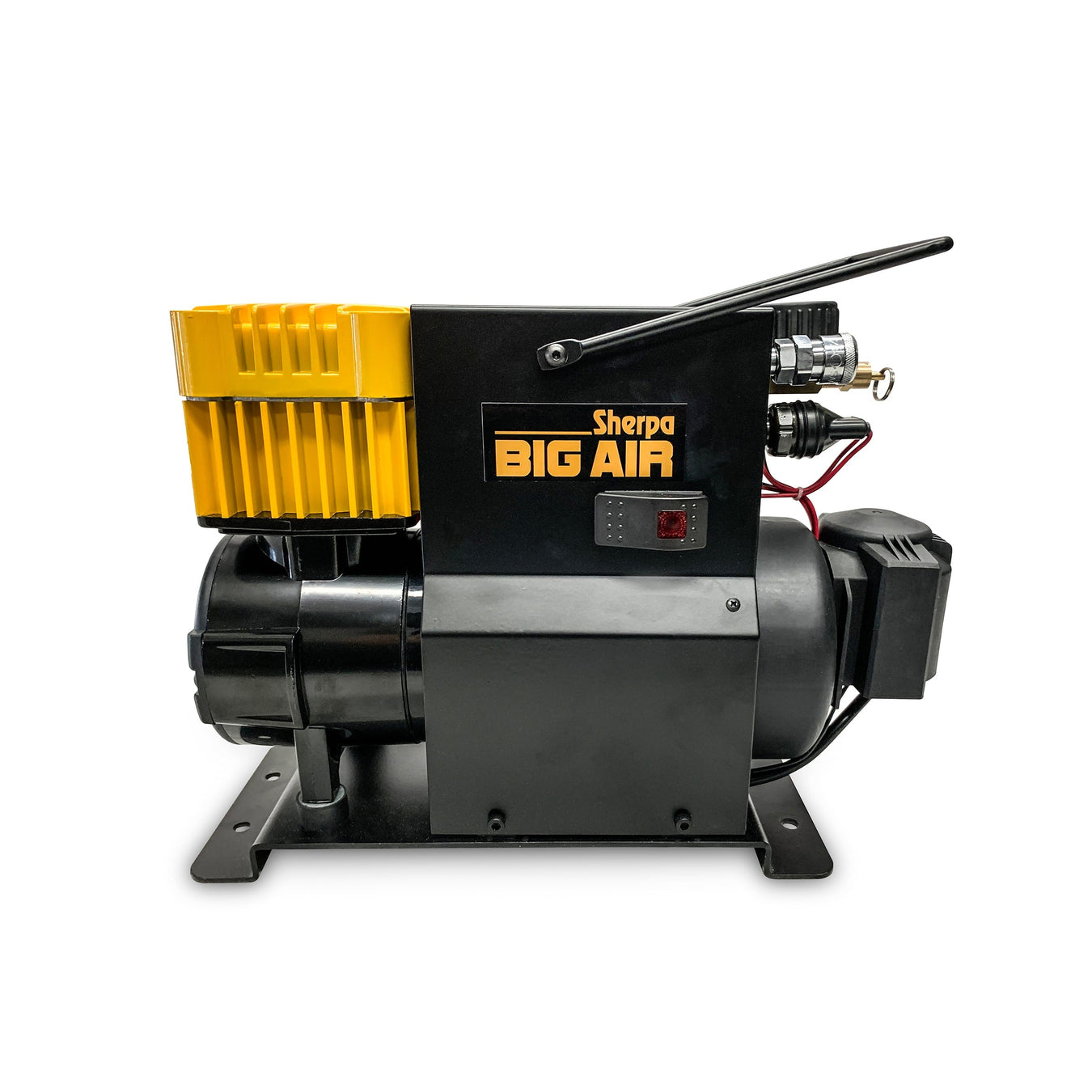 A black and yellow Sherpa Big Air air compressor with a handle and control panel, shown on a white background.