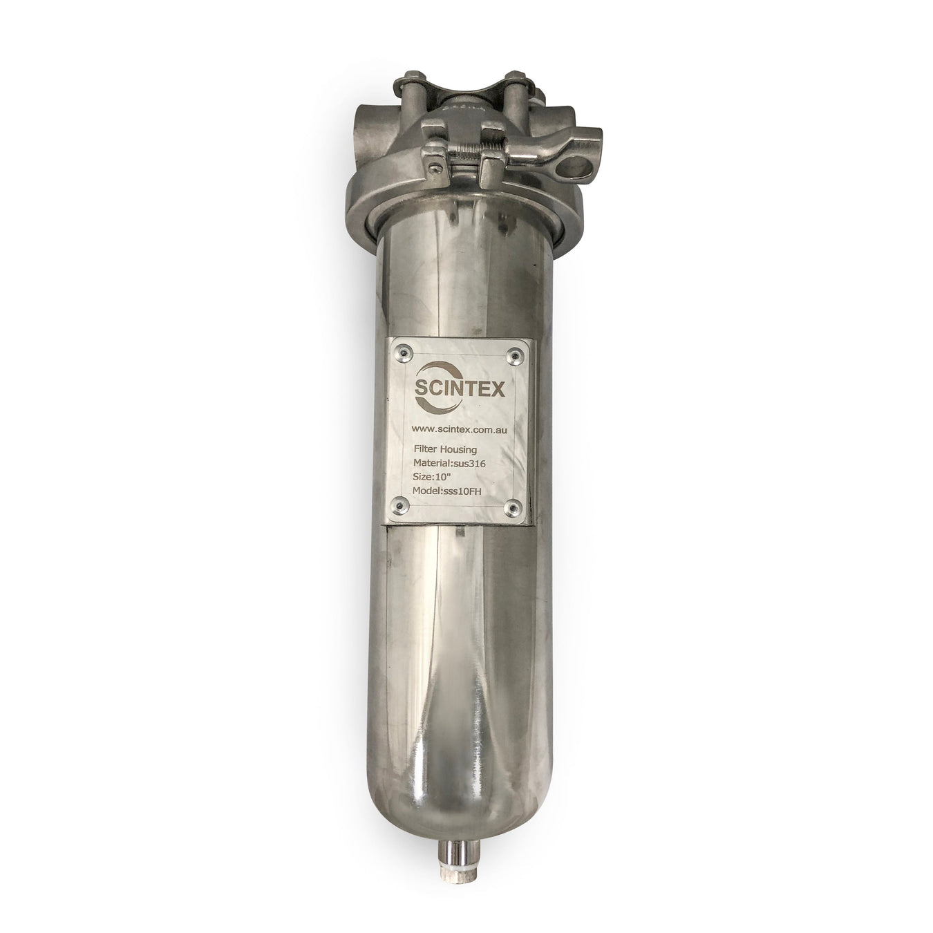 A stainless steel Scintex filter housing with a cylindrical body, clamp-secured lid, and a label showing model details and specifications, photographed on a white background.