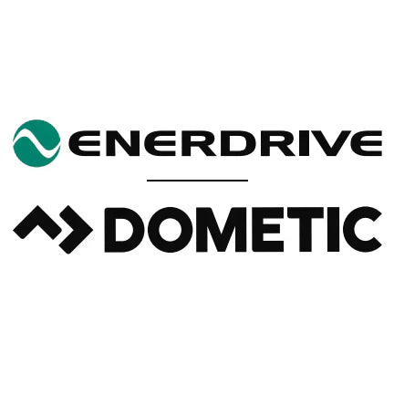 Enerdrive and Dometic logos on a white background. Enerdrive logo includes a green circle with a white wave, while the Dometic logo features two black arrow shapes.