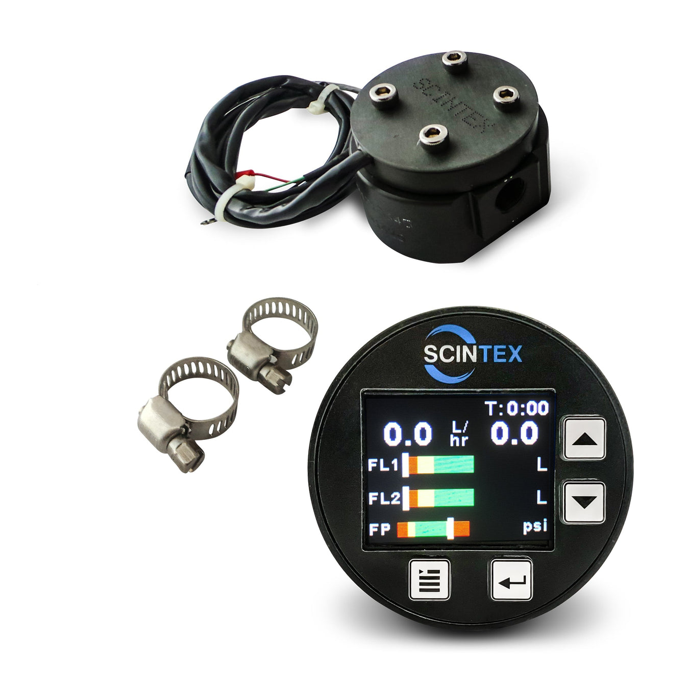 Digital fuel flow meter kit with display screen showing measurements, two hose clamps, and a black sensor unit with cables, arranged on a white background.