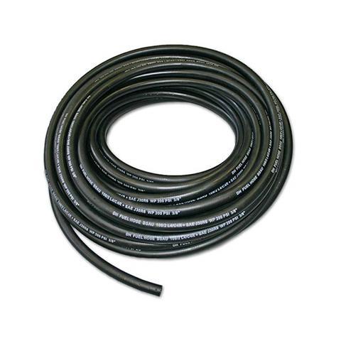 A coiled black rubber hose with white text printed along its length, placed on a plain white background.