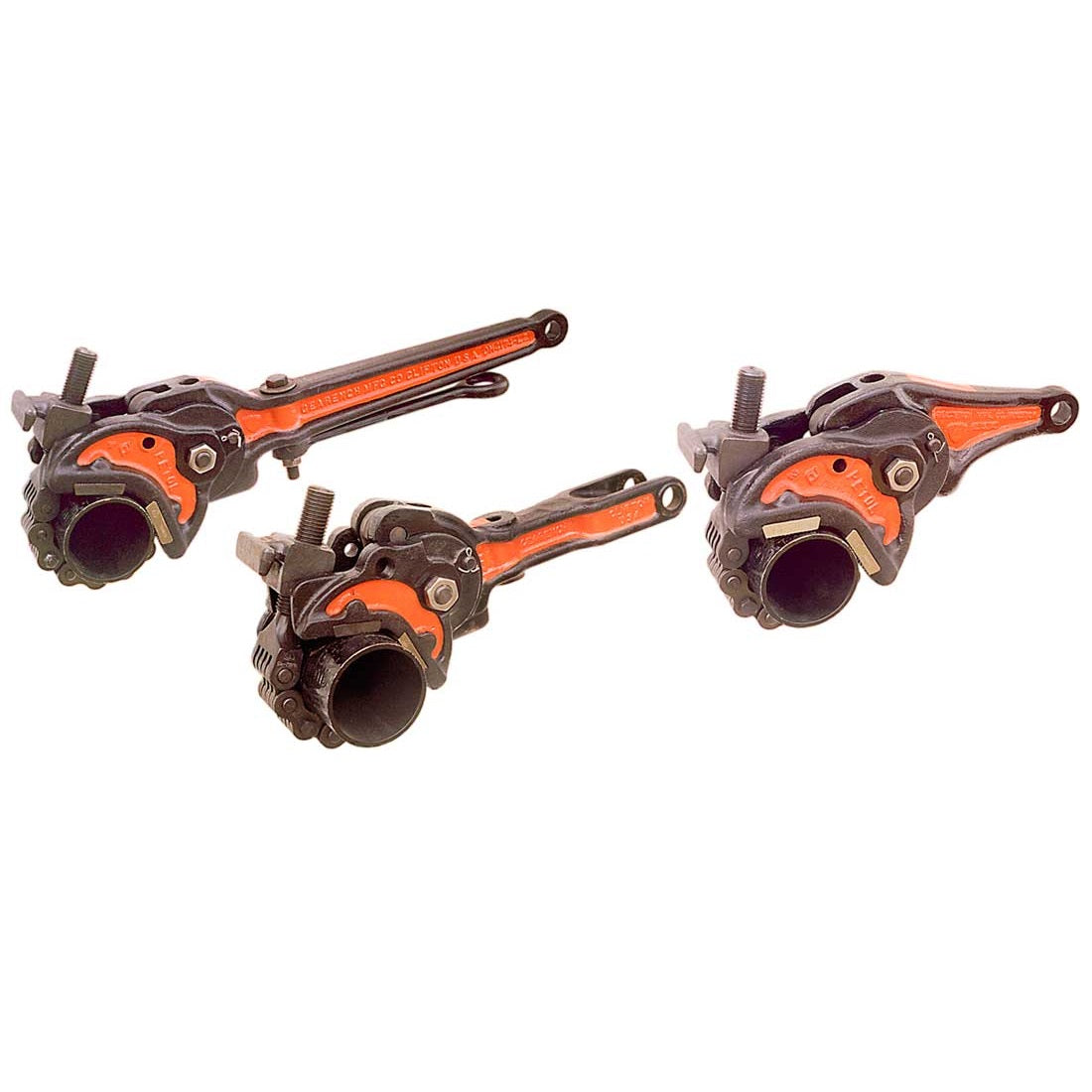 Three pipe cutters with black and orange handles are shown on a white background, each positioned at a different angle to display their features and cutting mechanisms.