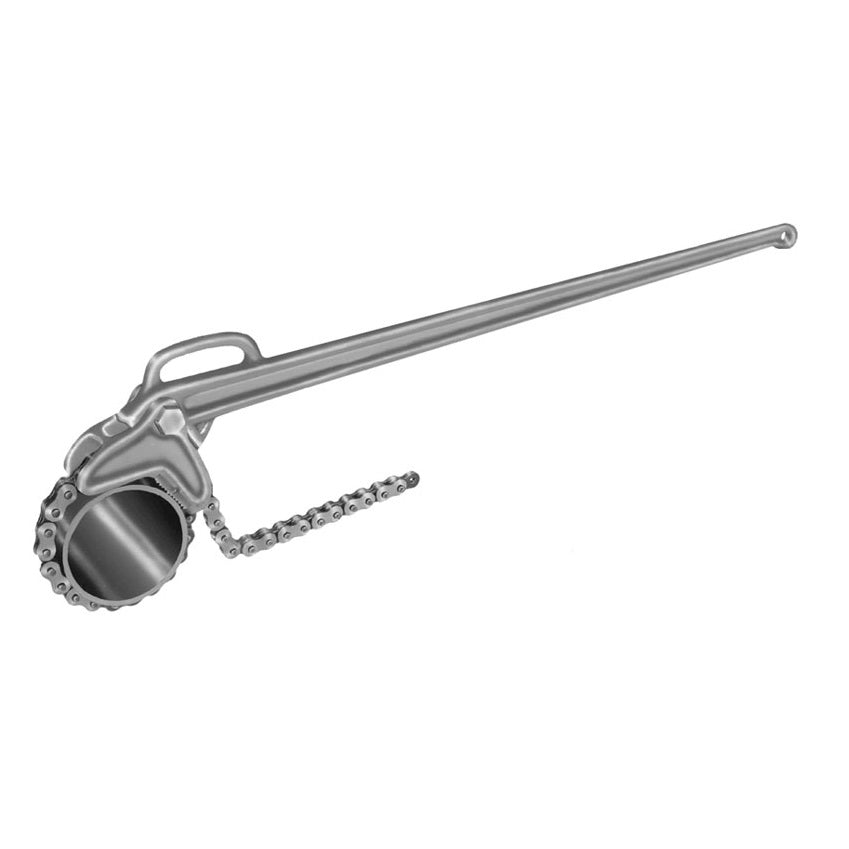 A metal mechanical device with a long handle, circular clamp, and attached chain, resembling a pipe or chain wrench, used for gripping and turning cylindrical objects like pipes.