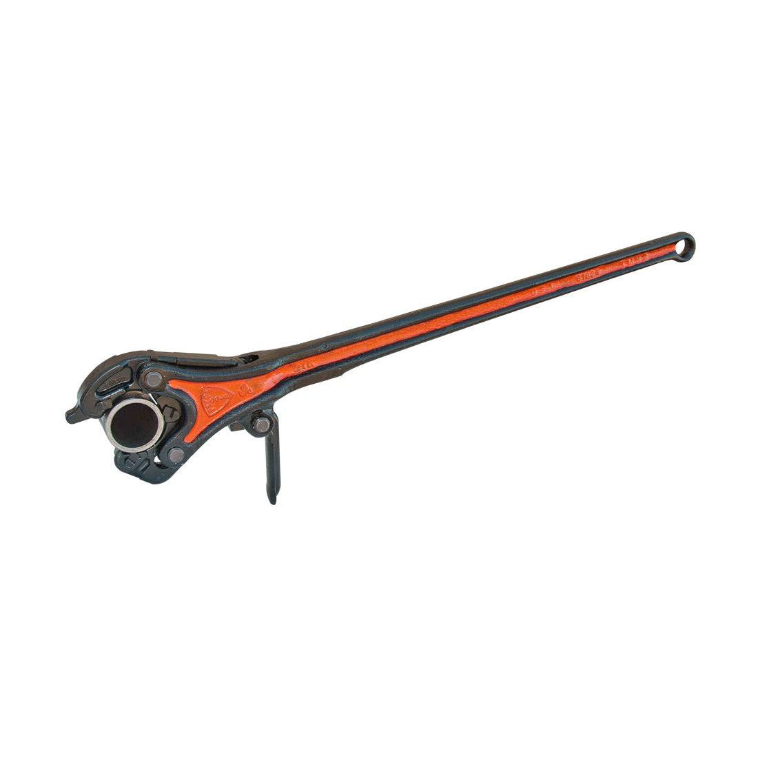 A long-handled pipe threading tool with a black and orange metal body, designed for cutting threads onto pipes. The tool features a circular threading head at one end.