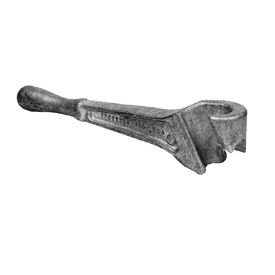 A vintage metal pipe wrench with a thick handle and an adjustable jaw, isolated on a white background.