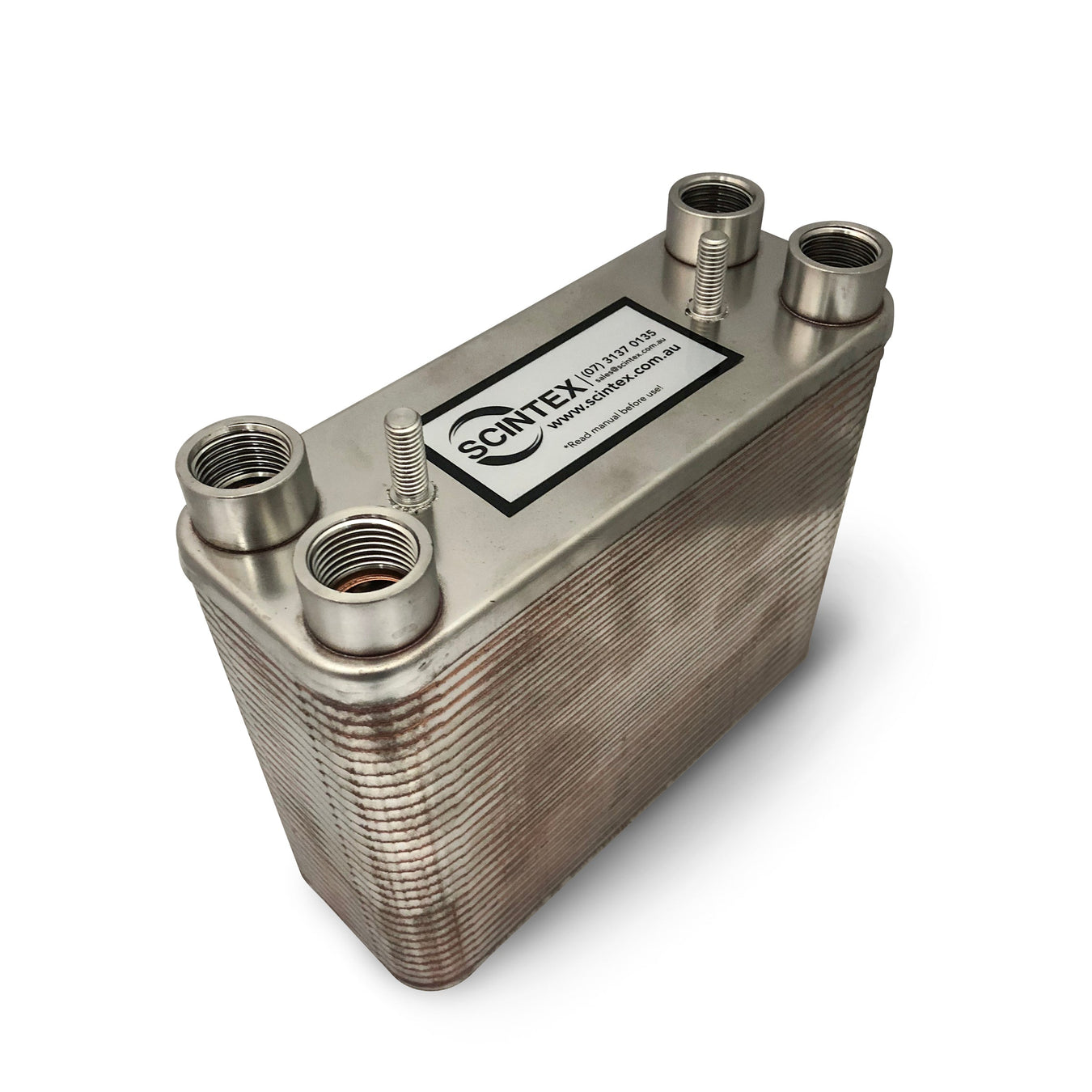 Rectangular stainless steel heat exchanger with multiple threaded pipe connectors and a label reading Scintex on the top surface.