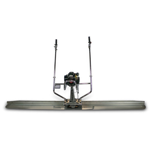 A motorized concrete screed machine with long dual blades and two upright handles, designed for smoothing and leveling freshly poured concrete surfaces.
