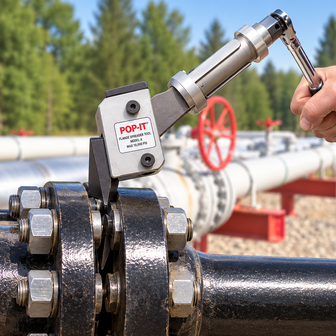 A hand uses a ratchet to operate a Pop-It Model A flange spreader tool inserted between two heavy-duty industrial pipe flanges.