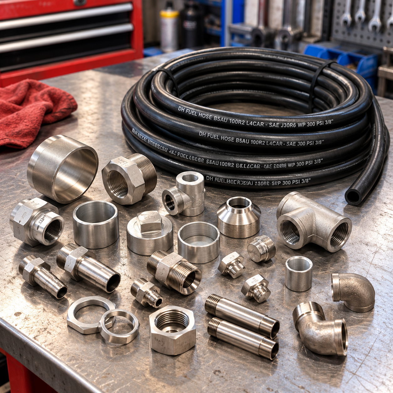 A coil of black hydraulic hose surrounded by an assortment of threaded metal pipe fittings and adapters on a workbench.