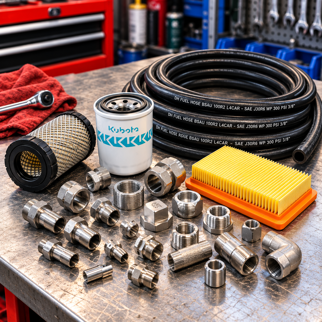 A Kubota oil filter, a rectangular air filter, a coiled fuel hose, and a collection of various metal pipe fittings arranged on a metal workbench.