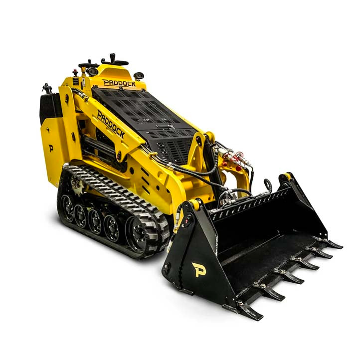 A yellow and black compact track loader with a front bucket attachment, labeled PRODOCK, shown on a white background.