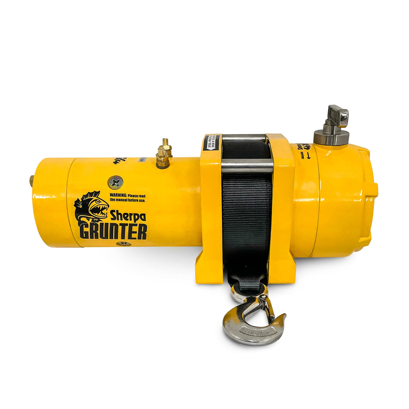 A yellow Sherpa Grunter winch with a black strap and metal hook attached, designed for heavy lifting or towing. The logo and safety warnings are visible on the side.