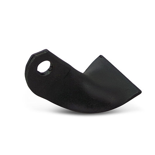 A black metal rotary tiller blade with a curved shape, a sharp edge, and a round mounting hole near one end, isolated on a white background.
