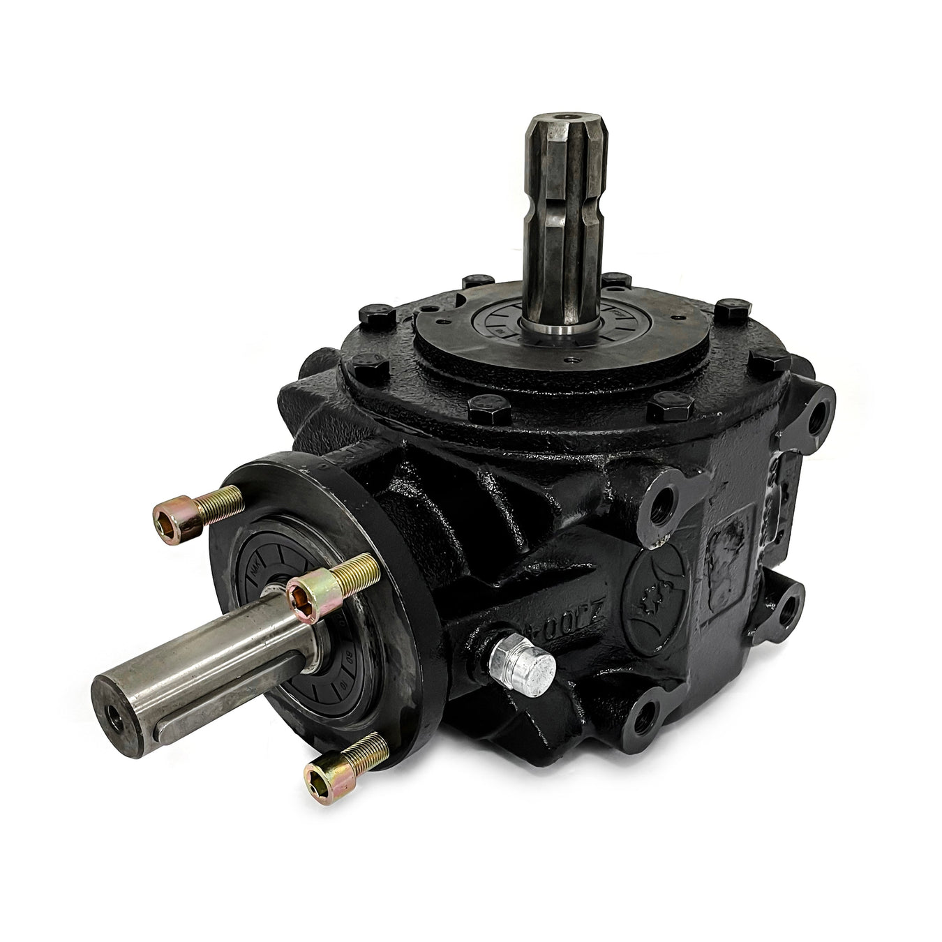 A black metal gearbox with multiple bolts, a cylindrical shaft extending from the front, and a splined shaft on top, shown against a white background.