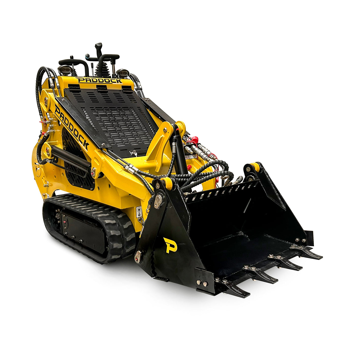 A yellow and black Pradock mini skid steer loader with rubber tracks and a front bucket attachment, viewed from a front angle on a white background.