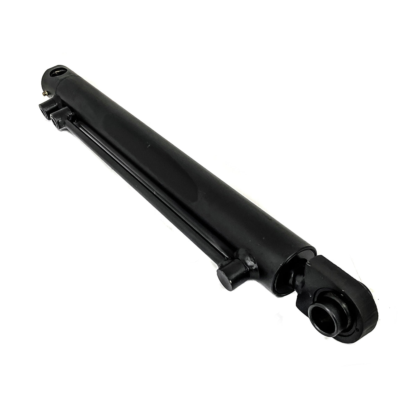 A black hydraulic cylinder with mounting points on both ends, isolated on a white background and positioned at a slight angle.