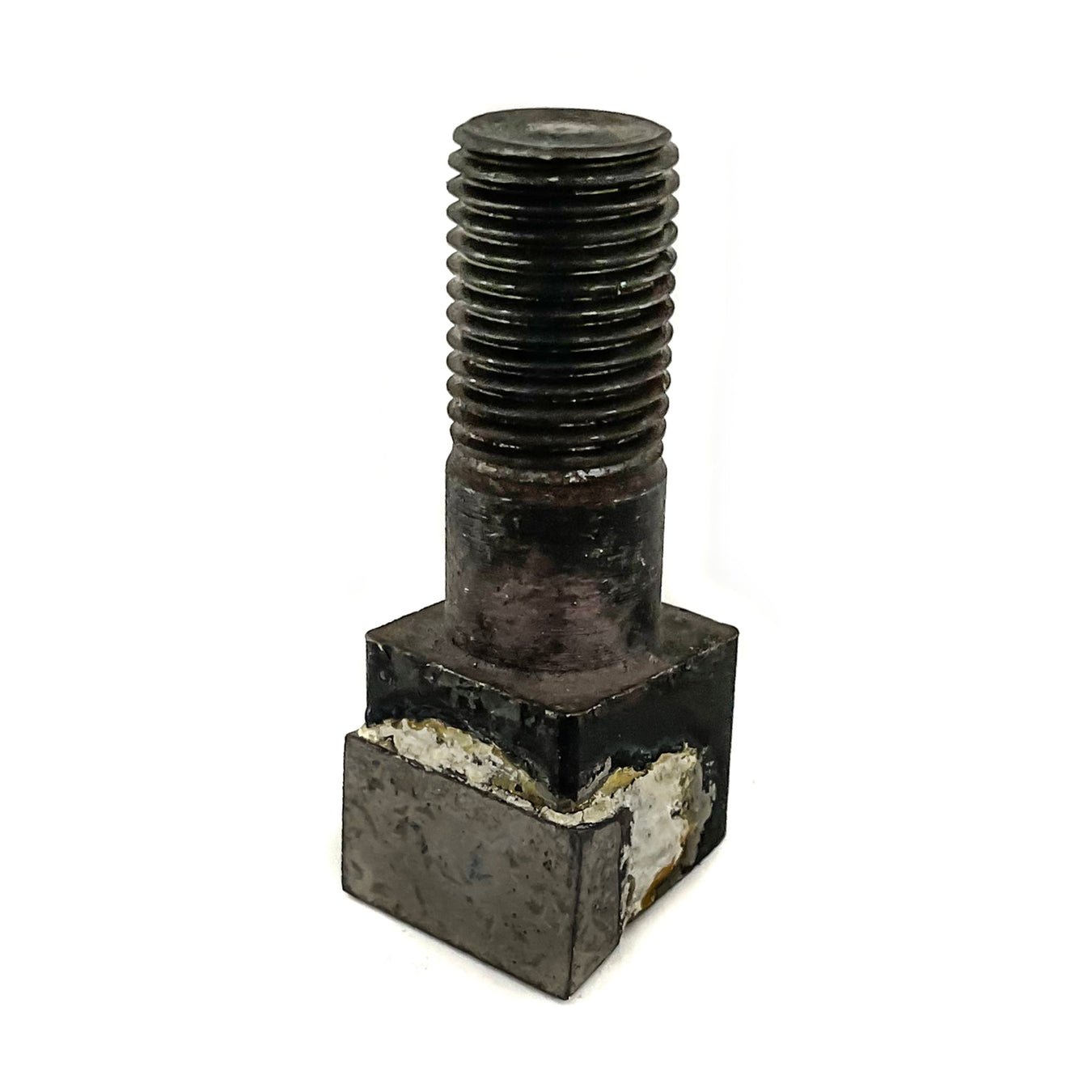 A metal bolt with a threaded top and a square base, showing signs of rust and wear, stands upright on a white background.