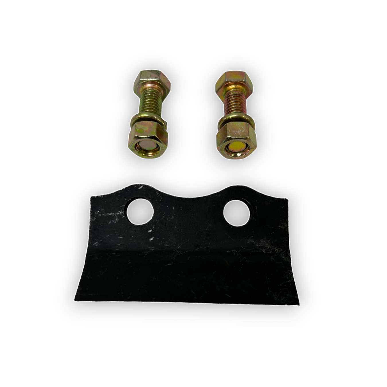 A black metal blade with two holes is placed below two gold-colored bolts with matching nuts, all set against a white background.