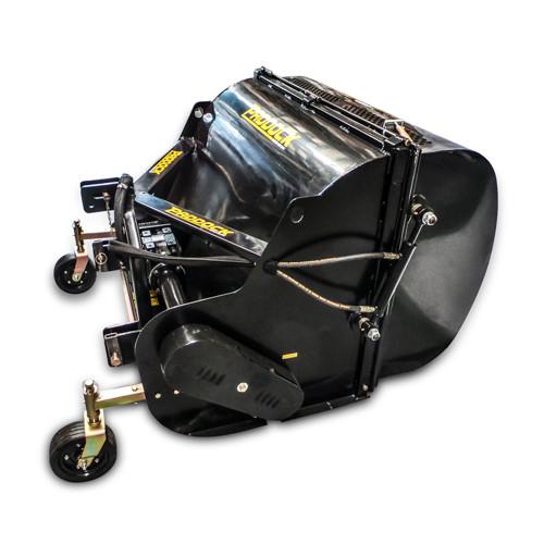 Black lawn mower attachment with wheels and metal frame, designed for easy grass collection and transport, shown on a white background.