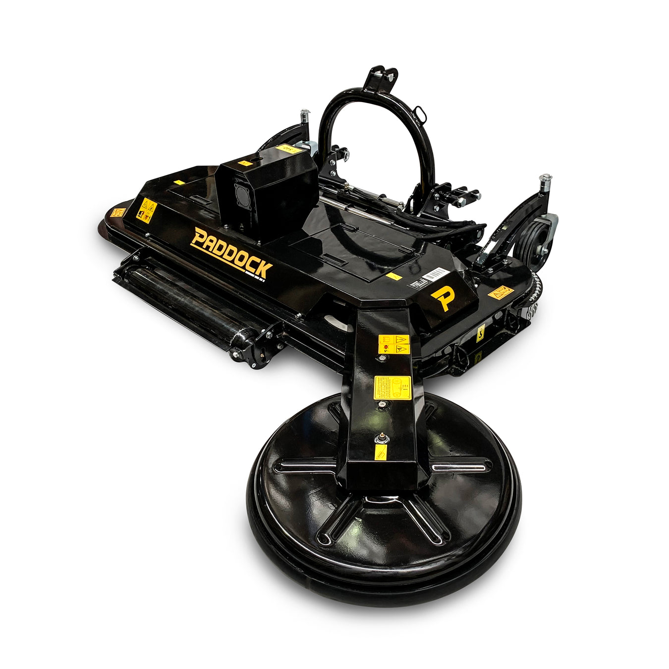 Black industrial mower attachment with PRODOCK branding, yellow warning labels, and a large circular front guard. The equipment features sturdy metal parts and a curved mounting frame.