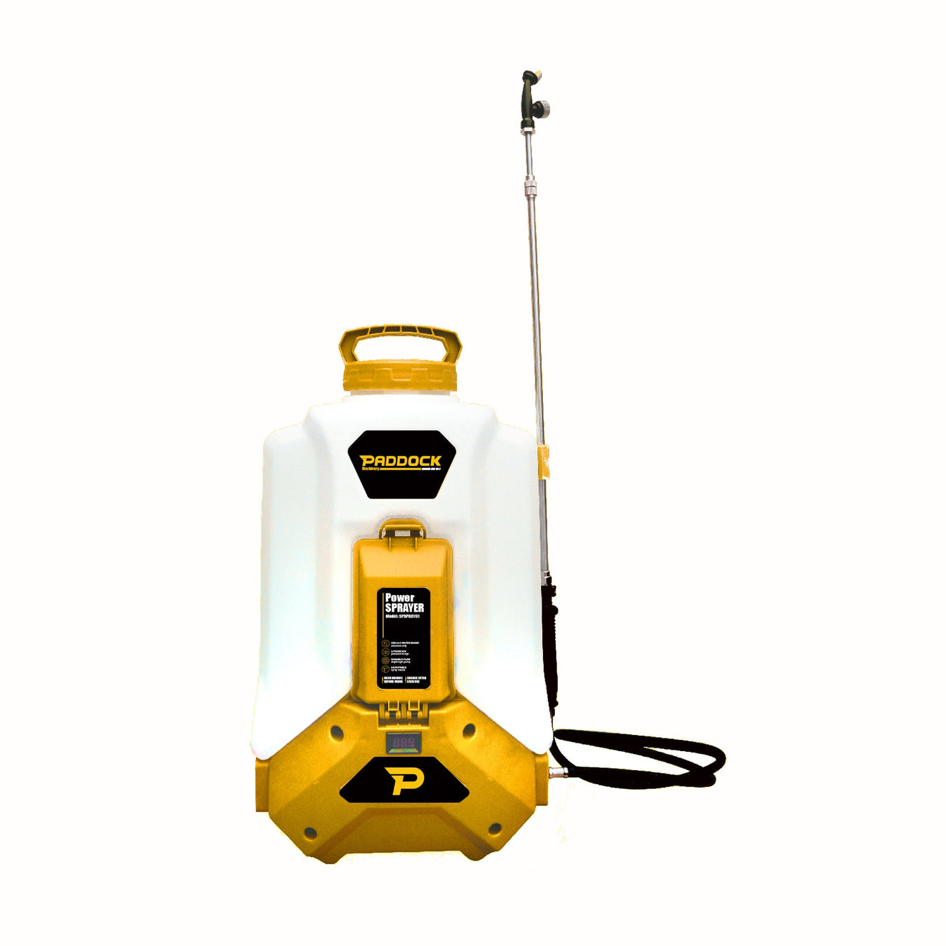 A white and yellow backpack sprayer with a handle, labeled “Pradock,” features a control panel and a long metal spraying wand attached by a black hose.