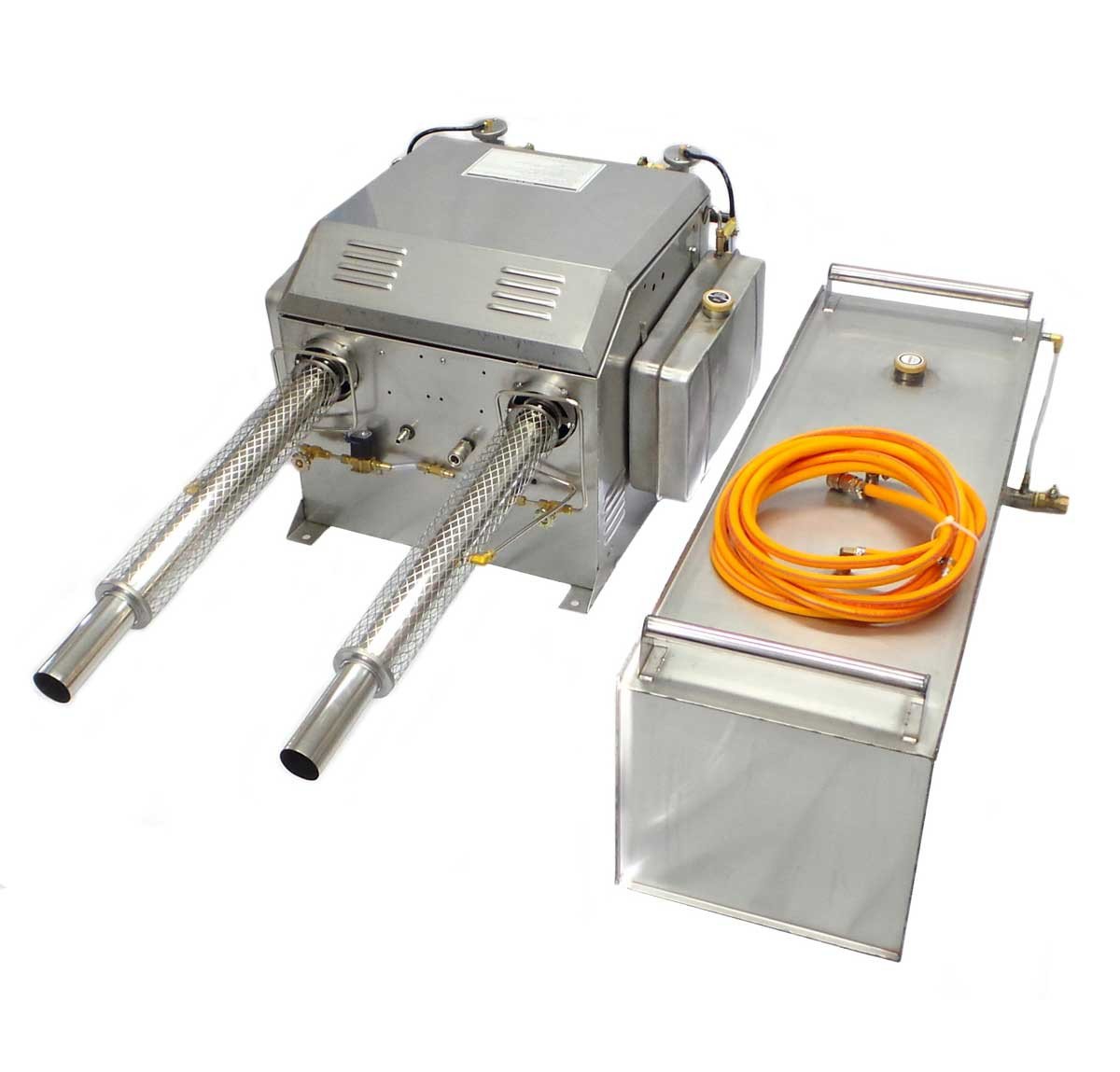A stainless steel industrial machine with two long, mesh-covered nozzles, next to a matching metal box and an orange coiled hose on top.