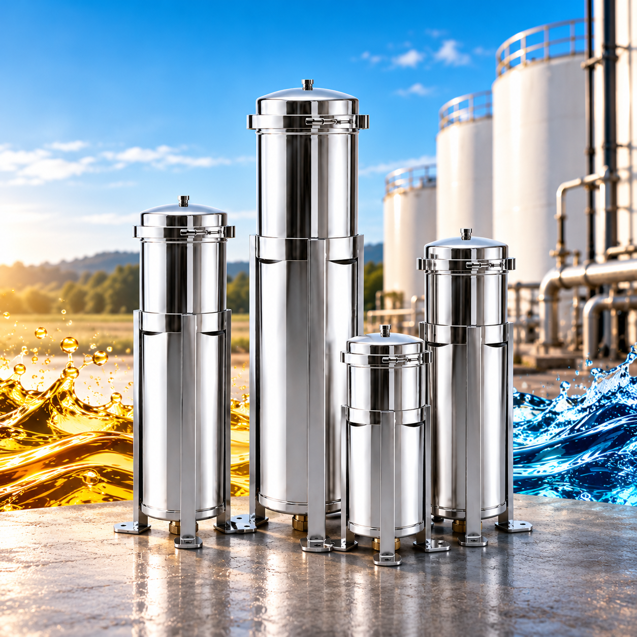 Four stainless steel industrial filter housings arranged on a platform, flanked by splashing gold liquid on the left and blue water on the right, with large storage tanks in the background.