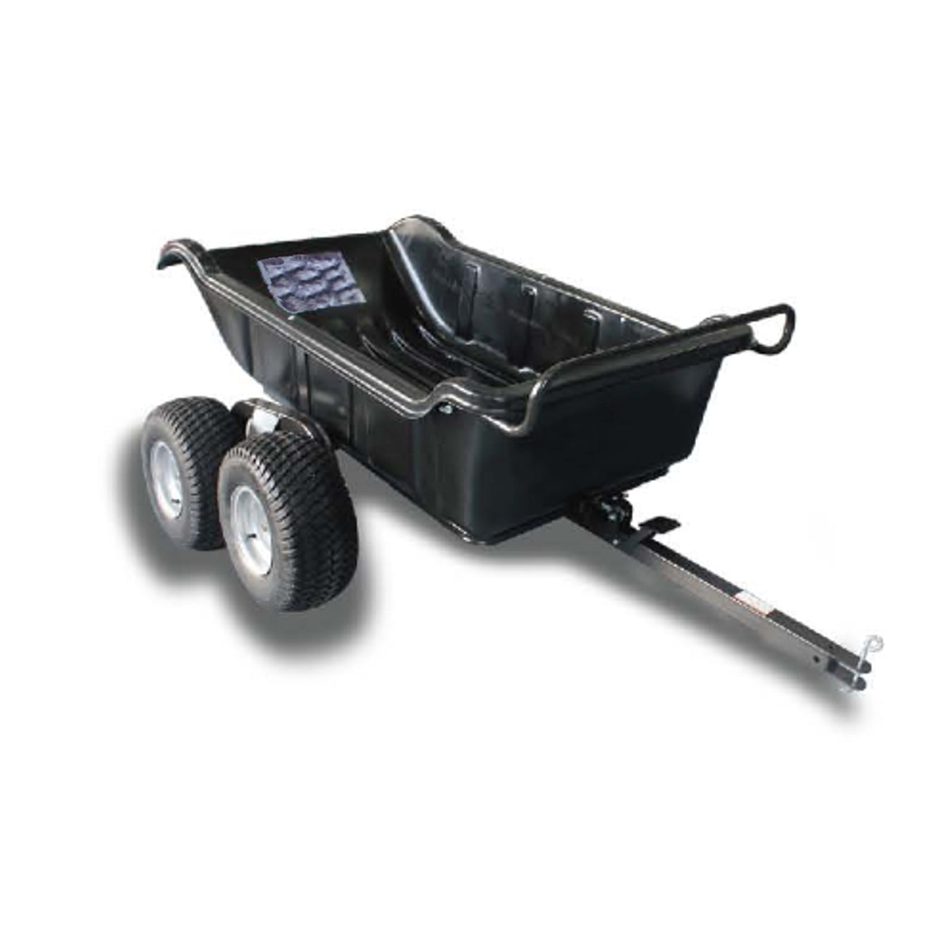 A black utility dump cart with two large wheels on each side and a metal tow bar in front, designed for attachment to a lawn tractor or ATV.
