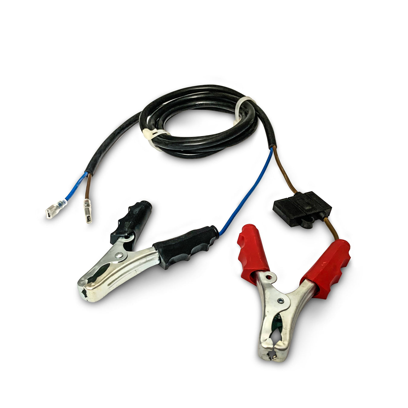 A pair of jumper cables with red and black clamps attached to a long black wire, used for connecting car batteries, is displayed on a white background.