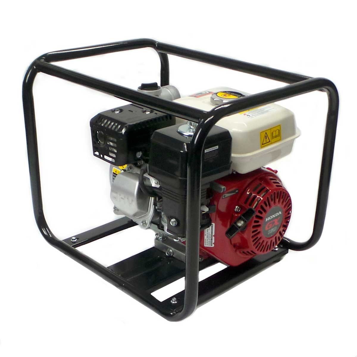 A portable gasoline generator with a metal frame, red engine cover, white fuel tank, and pull-start mechanism, designed for outdoor or emergency power supply.