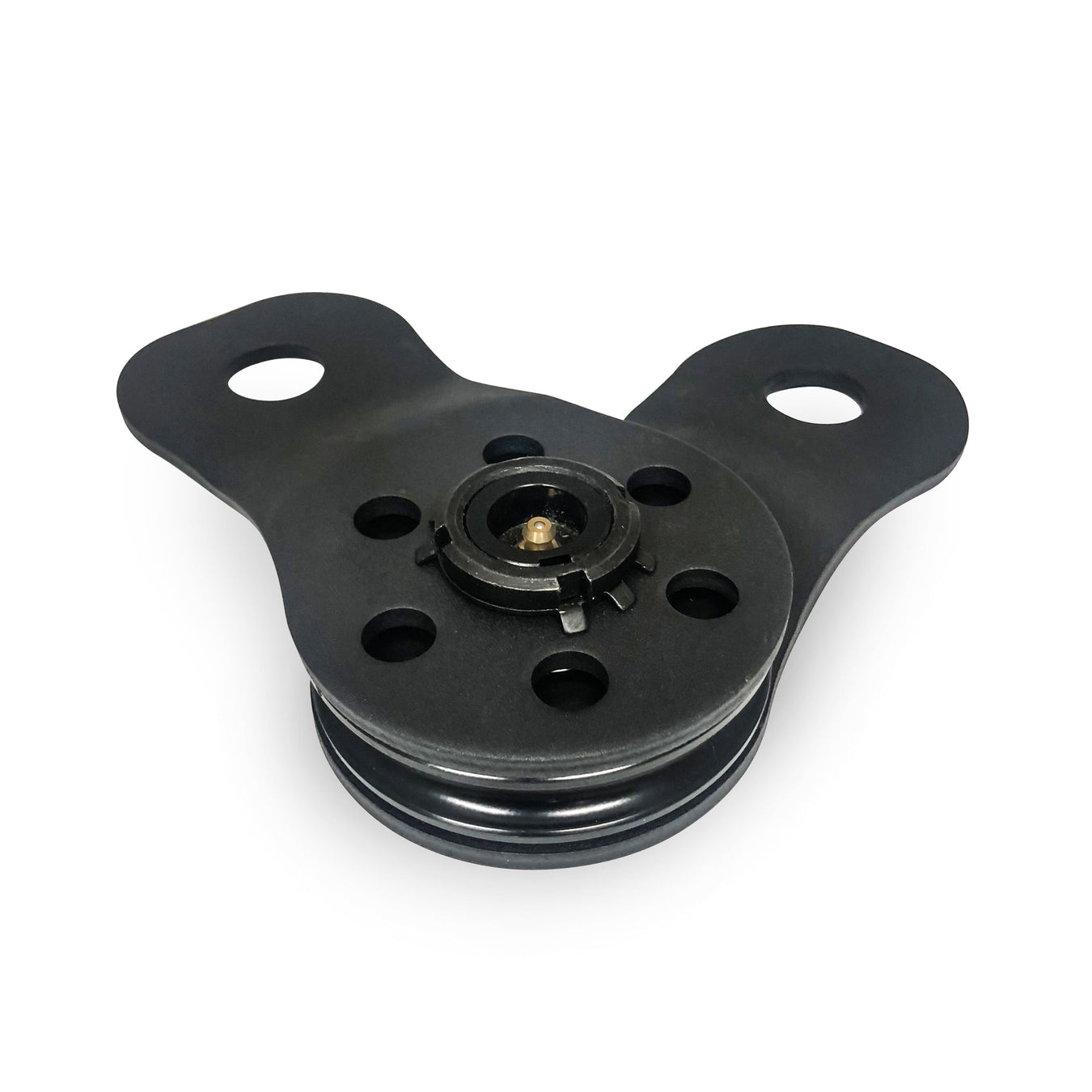 Black metal bracket with two rounded arms, a central circular section with holes, and a smaller circular component in the middle, placed on a white background.