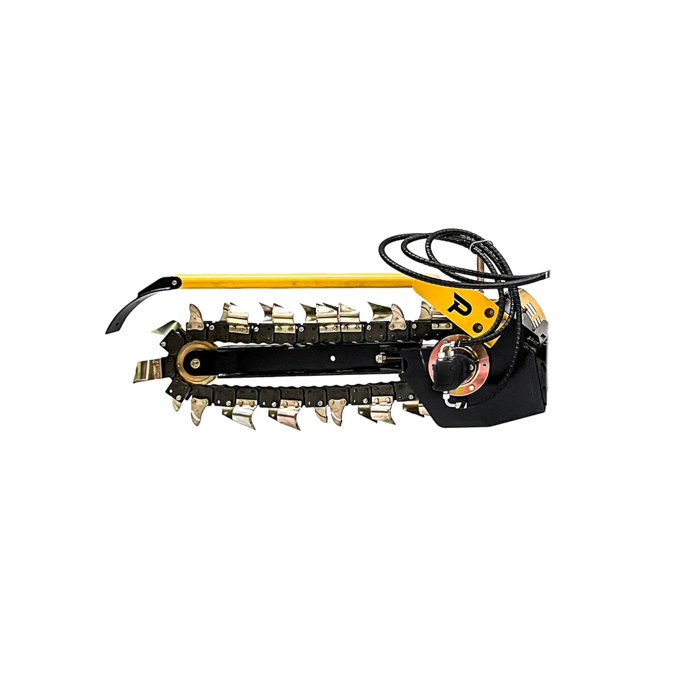 A yellow and black trencher attachment with exposed blades and teeth, hydraulic hoses, and a sturdy metal frame designed for digging narrow trenches. The background is white.