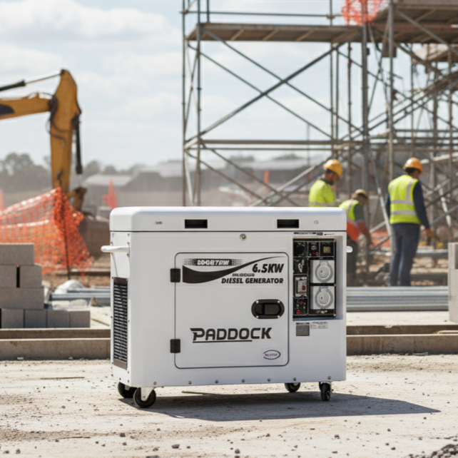 A white Paddock 6.5kW diesel generator on wheels at a construction site with workers in the background.