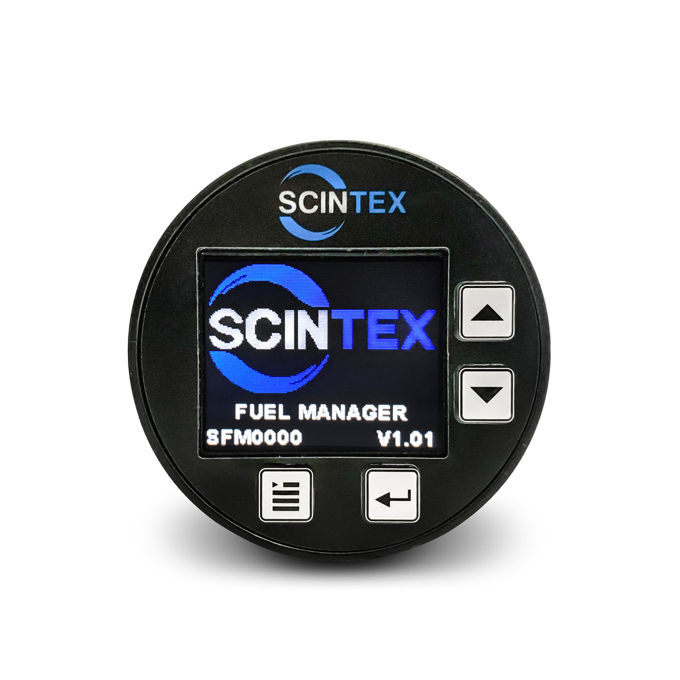 Round digital display showing the SCINTEX logo, “FUEL MANAGER,” and version info, with three navigation buttons on the right and two more below the screen.
