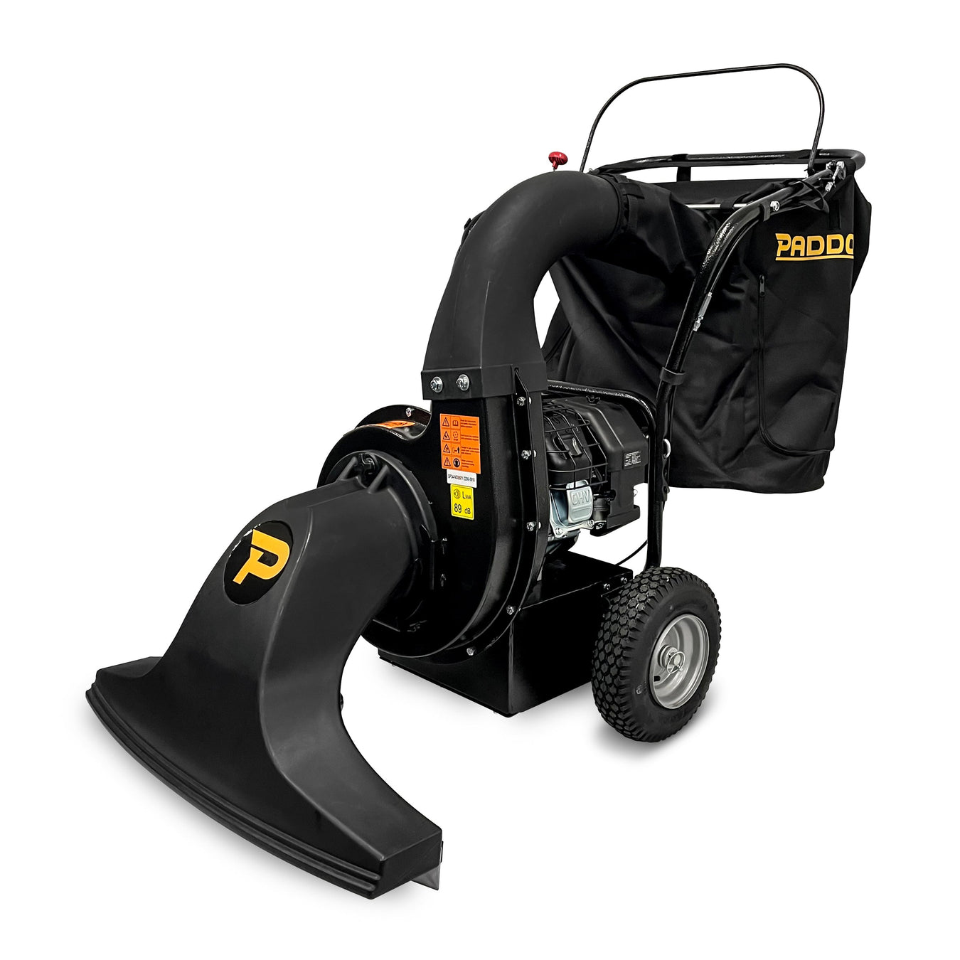 A black, wheeled outdoor leaf vacuum with a large collection bag, labeled PADDOCK, and a wide front nozzle for collecting debris.