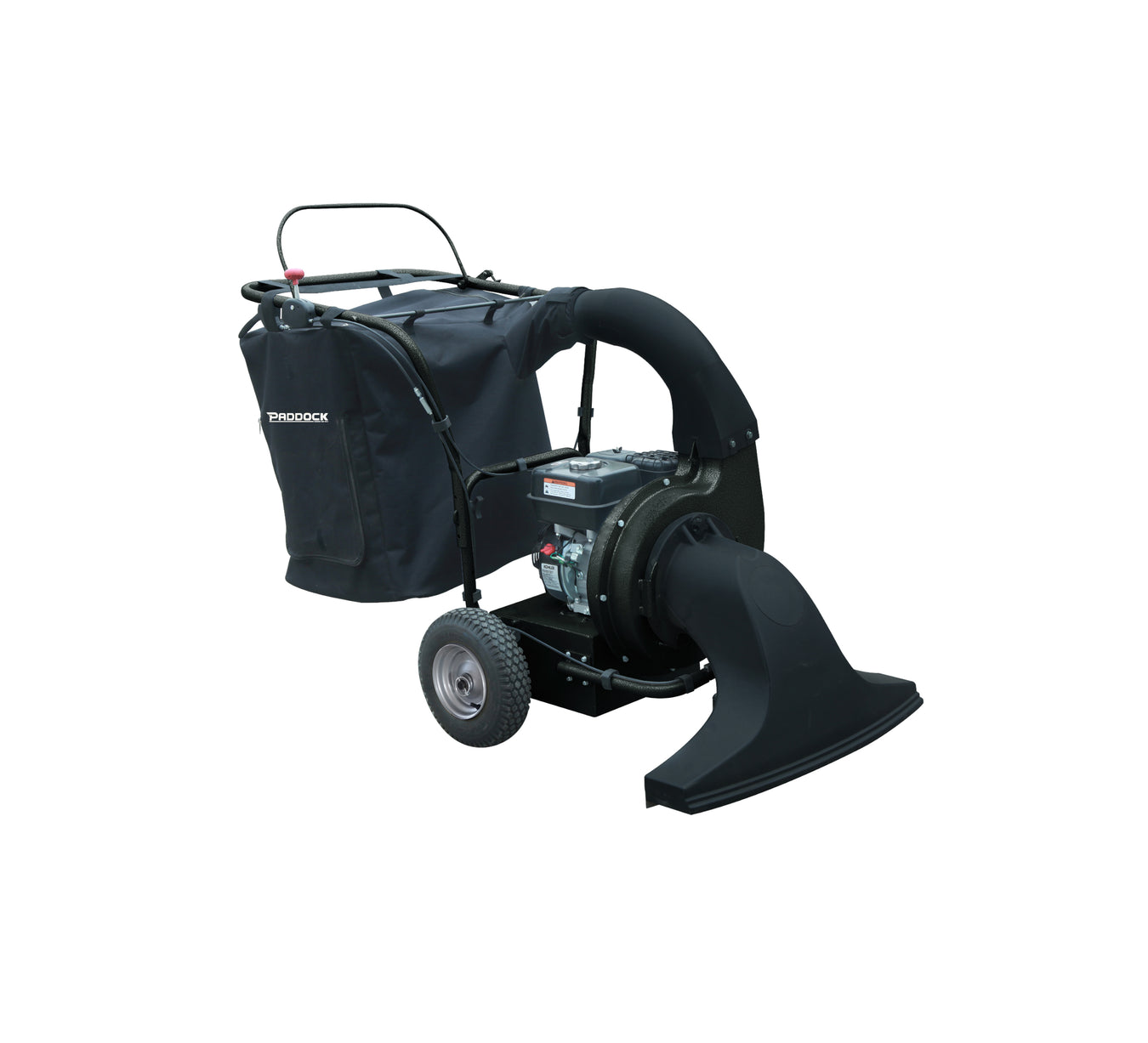 A black outdoor leaf vacuum machine with large wheels, a collection bag, and a wide suction nozzle, designed for clearing leaves and debris from lawns or driveways.