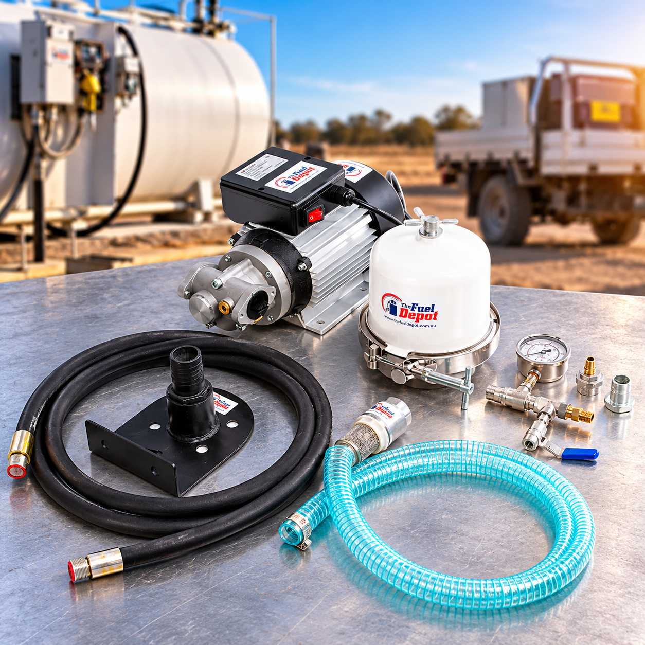 Fuel transfer pump kit including a motor, filter, hoses, pressure gauge, and fittings arranged on a metal surface, with a fuel tank and truck in the background.