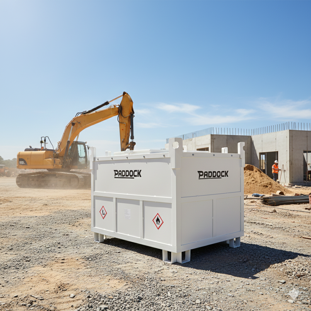 A Paddock Bunded Diesel Tank by Paddock sits on gravel at a construction site, with an excavator and a partly built structure visible under a clear blue sky.