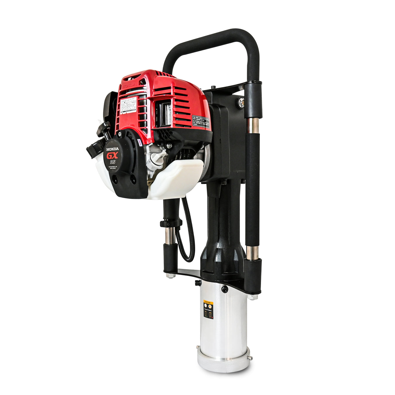 A red and black Honda GX-powered post driver with a metal cylindrical base, black handles, and a visible engine, designed for driving posts into the ground.