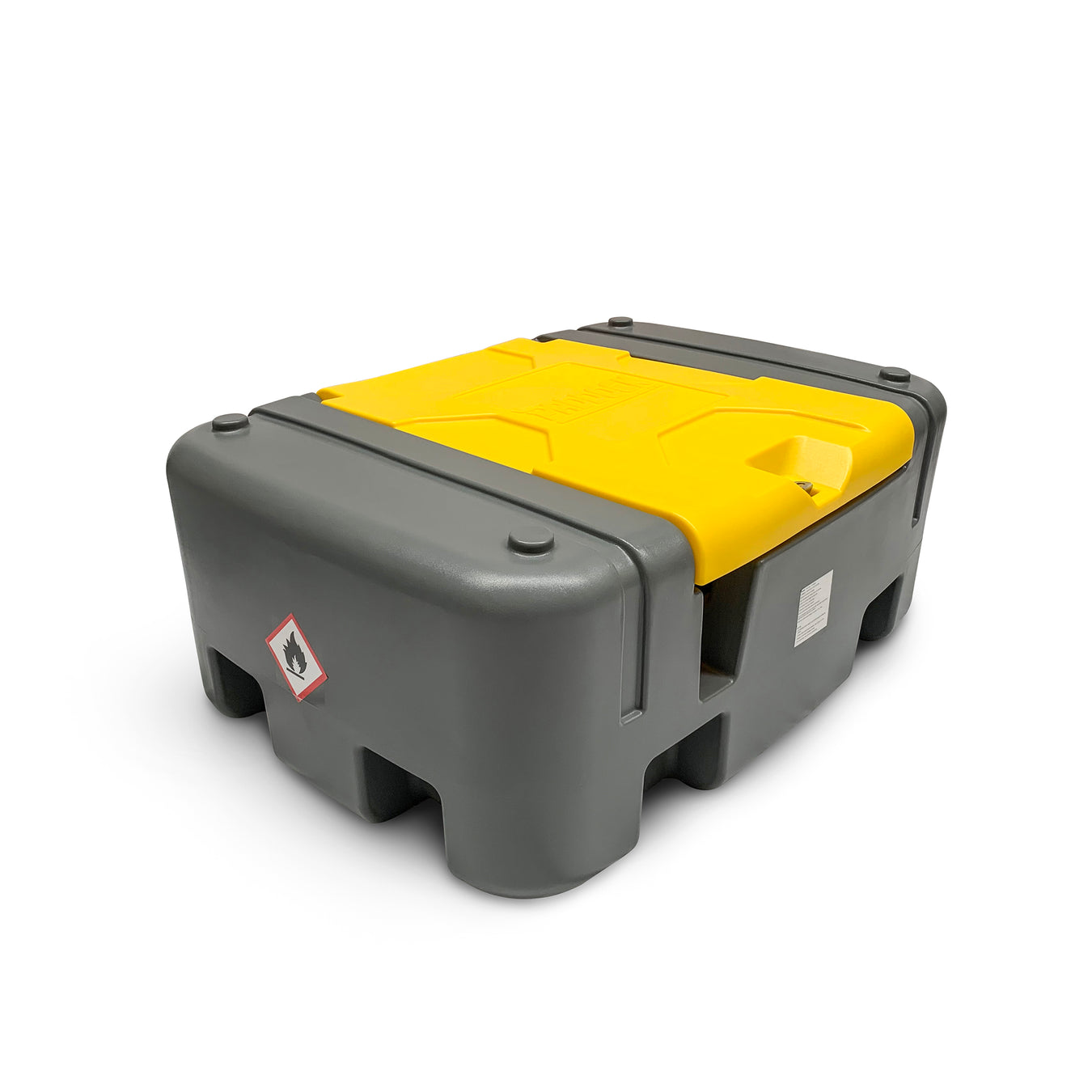 Gray rectangular fuel storage container with a yellow lid, sturdy base, and a flammable warning label on the side. The container appears to be made of heavy-duty plastic.